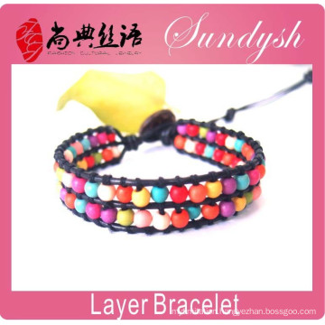 Summer Black Genuine Leather Bracelets Colored Beads Bracelet Handmade 2 Layer Bracelet